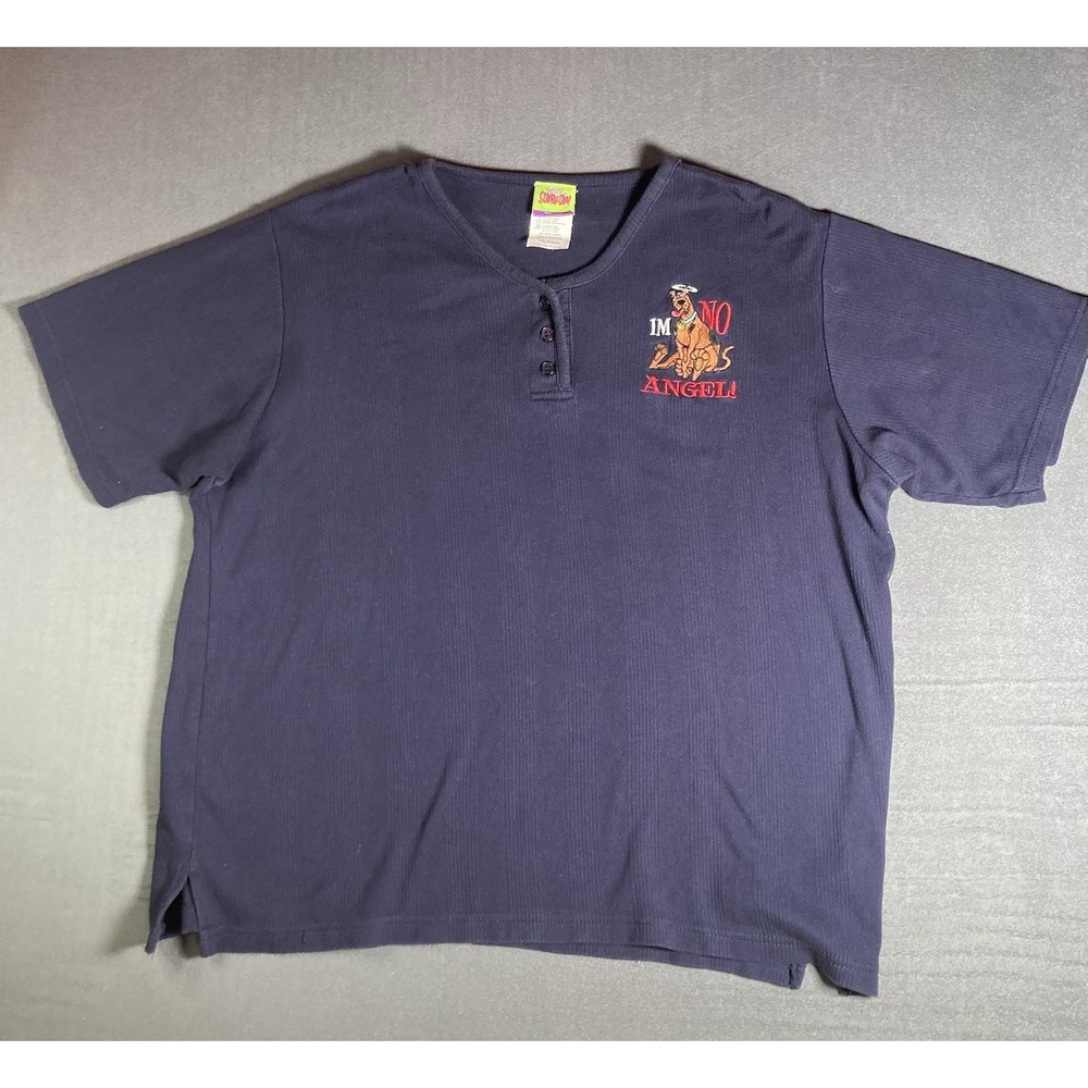 Vintage Scooby-Doo "I'm No Angel" Navy Blue Embroidered Henley T-Shirt